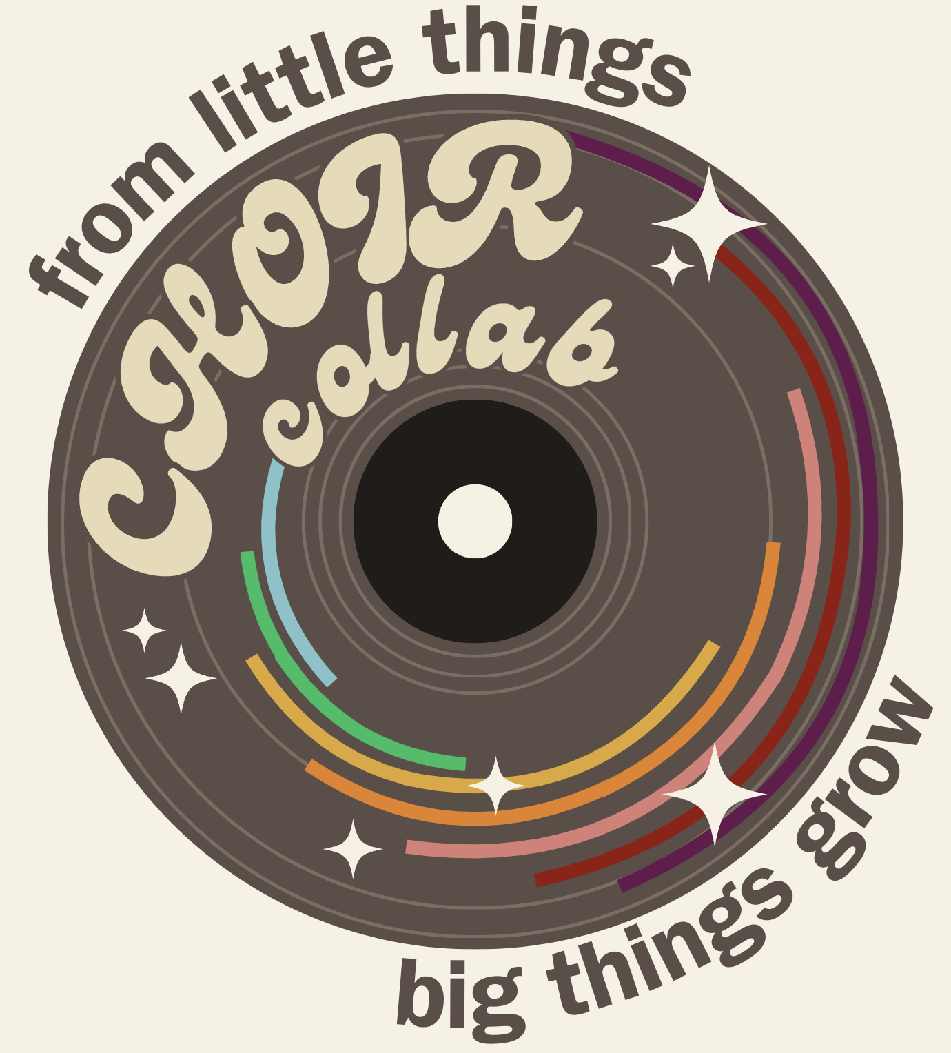 Stylized logo of a spinning vinyl record, with curved lines in the color of the rainbow arcing from the outer edge at the top of the record clockwise to the inner edge of the record in the left side of the logo. The upper left of quadrant of the record has beige bubble text that reads 'CHOIR collab'. Above the record is brown text that reads 'from little things,' and below the record is text that reads 'big things grow.'